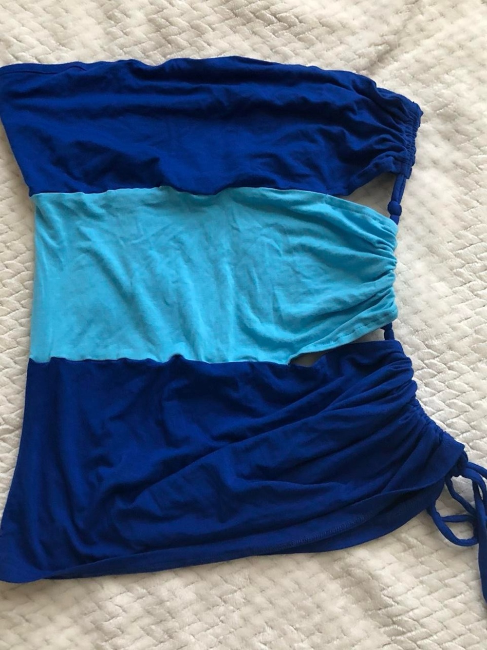 bebe Two-Tone Blue & Aqua Strapless Ruched tube top - Picture 5 of 6